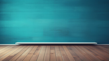 Wall Mural - Blue turquoise empty wall and wooden flooring with a glare from the window.