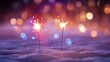 © Corri Seizinger - Sylvester New Year, New Year's Eve 2024 party event celebration holiday greeting card - Closeup of sparkling sparklers stuck in the snow and colorful bokeh lights in the background