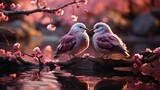 Fototapeta  - Two Romantic Pigeons Courting Amidst Cherry Blossoms