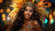 © Julia Zarubina - beautiful young Brazilian girl at a carnival in Brazil, fancy dress, outfit, masquerade, feathers, rhinestones, woman, makeup, portrait, smiling face, joy, happiness, dancing, sparkles, sequins