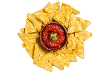 Wall Mural - Nachos chips with tomato sauce and jalapeno, mexican appetizer.  Transparent background. Isolated.