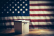 Presidential election in United States of America. Ballot box on USA flag background, Close-up of male hand putting voting card into the ballot box