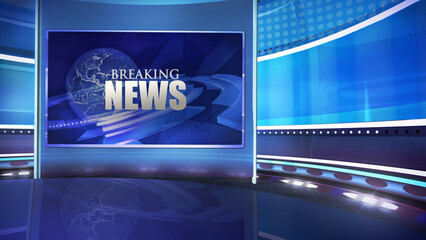 Wall Mural - tv news, virtual studio background with a monitor and a desk. ideal also for online shows or events 