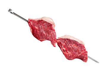 Wall Mural - Raw dry aged wagyu picanha barbecue skewer from the cap rump beef  with herbs and spices.  Transparent background. Isolated.