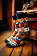 A pair of knitted socks with a pattern sitting on top of a wooden floor. Generative AI