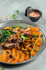 Wall Mural - sliced veal steak, mushrooms with sweet potato and spinach, banner, menu, recipe place for text, top view