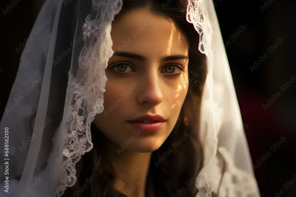 Graceful Devotion Portrait of a Young Beautiful Woman Participating in a Church Procession on the Streets of a Spanish City. created with Generative AI