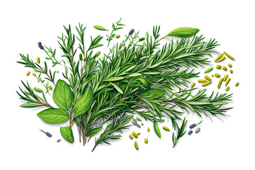 Wall Mural - rosemary leaves and herbs on a white background (Illustration, Drawing)