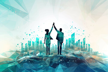 two business people hold hands in the air over a city background (Illustration, Drawing)