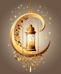 Wall Mural - gold lantern on a gold crescent with moon hangers,