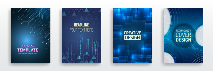 Brochure, flyer, book, annual report. Blue hi-tech vector illustrations for business presentations. Futuristic business posters. Technology covers corporate documents. Layout template science designs.