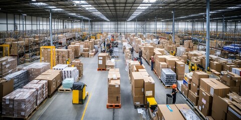 Poster - storm transportation warehouse, boxes in storage, warehouse workers at warehouse