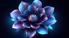 Gorgeous Blue Neon Flower Blooms On Dark Background, Indoor Studio Setting. Generative AI