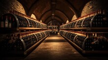 Richness Of Wine Culture With A Captivating Image Of Vintage Bottles In A Well-aged Cellar, Showcasing The Heritage And Craftsmanship Of Winemaking