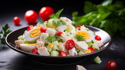 Wall Mural - Crab sticks, eggs, corn, and cucumber are the ingredients of this salad.