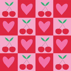 Checkered cherries with pink hearts seamless pattern. For fabric, valentines day print and textile. For fabric, valentines day print and textile. 