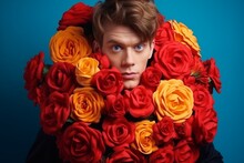 A Handsome Young Man Is Carrying A Huge Bunch Of Red And Orange Roses Around His Neck. Birthday Or Valentine Concept. Generative AI