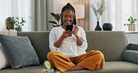 Wall Mural - Home, funny and black woman on a sofa, cellphone and connection with social media, comedy post and laugh. African person, apartment or girl on couch, smartphone or mobile user with humor or typing