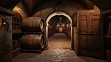 Fototapeta Kuchnia - old wine cellar with dusty bottles, wooden barrels, and a locked door.