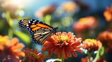 A Monarch Butterfly Is Seen In A Vertical Shot Eating Pink Santan Flowers