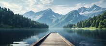 Tranquil Mountain Lake With A Wooden Dock, Surrounded By The Beauty Of Nature.