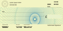 UK Blank Cheque With Pound Sign And UK Spelling, Cheque Template With Guilloche Pattern, Bank Cheque