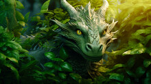 Green Dragon, Symbol Of 2024, In Between Lush Green Leaves In Forest