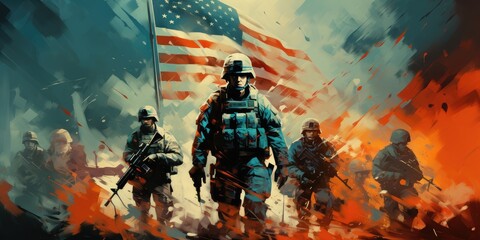 Wall Mural - Painting of an American soldiers with american flag