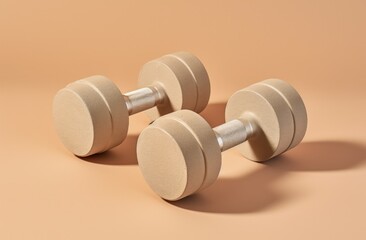 two dumbbells on top of a gray surface,