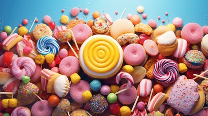 Pink country of sweet candies. the texture and background of candies and lollipops in pastel tones.