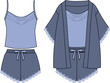 © gulsenbozkurt - 3 pieces set for home wear. sleepwear drawing. robe kimono short lace top set Women pajama sleepwear with crop top and wide short pant. Technical Fashion Illustration.