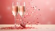 two champagne glasses with splashes of red hearts in confetti form on a chic pink background. Ideal for conveying the spirit of celebration and love, perfect for Valentine's Day greetings