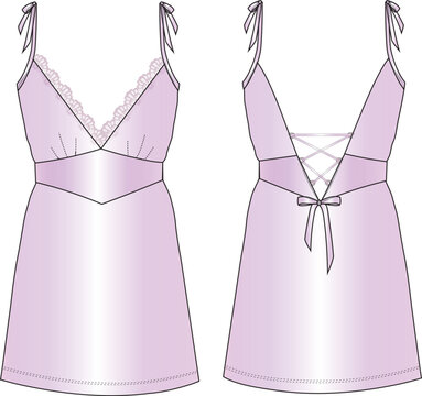 WOMENS SATIN LACE SLIP NIGHTWEAR IN EDITABLE VECTOR FILE. Satin Slip dress design flat sketch fashion illustration with lace. v neck Lace night dress cad drawing vector template.