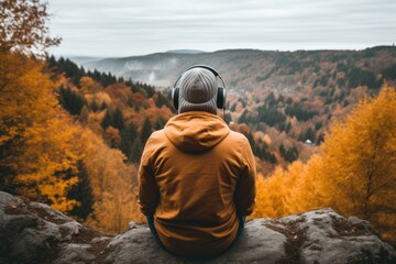 Wall Mural - Backview of a man sitting on the hill in the autumn mountains. Meditation, tranqulility, relaxation, mental health concept