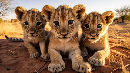 Wall Mural - stockphoto, a group of young beautiful lion cubs curiously looking straight into the camera, ultra wide angle lens, front view. Portrait of wildlife in the wilderness of Africa. Environmetal theme. Wi