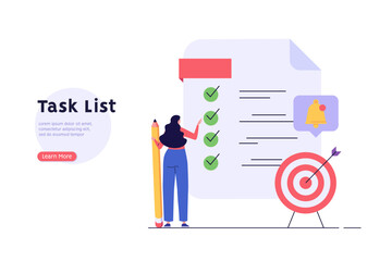Wall Mural - Concept of task done, checklist, to-do list, notification. Woman marking completed task on checklist. Successful time management. Vector illustration for mobile app, onboarding screen