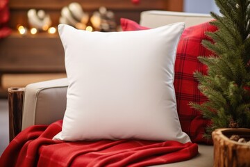 Square throw pillow mockup  on a couch in a light and bright modern farmhouse styled living room decorated for christmas