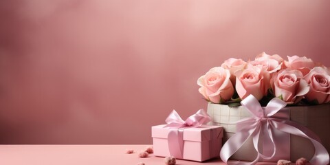 Roses and gift box with satin ribbon on pink background. Saint valentine, birthday, mothers day celebration