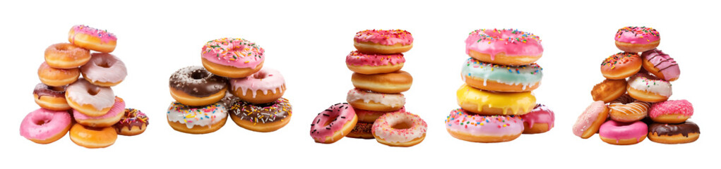 Pile of ring doughnuts covered in sprinkles. Donuts with pink icing and chocolate set isolated on transparent. Generative AI