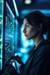 Woman programmer looking at lines of code on a screen