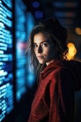 Woman programmer looking at lines of code on a screen