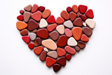 Heart Made Of Multicolored Natural Flat Pebbles On Light Background Valentine Day Concept For Design. Symbols Of Love For Happy Women's, Mother's, Birthday Greeting Card Design. Copy Space.