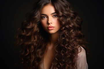 Wall Mural - Beautiful young woman with long curly brown hair on black studio background. Face of girl model with stylish hairstyle, healthy skin. Concept of style, fashion, salon, portrait, sexy