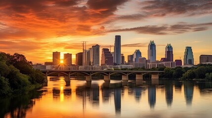 Wall Mural - A breathtaking photo of a city skyline at sunset, with warm spring colors painting the sky