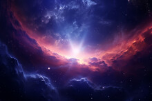 Dreamy Fantasy Beautiful  Sunset Sunrise HDR Colorful Violet Sky With Clouds And Galaxy Space Sky, Shiny Bright Stars And Sun, High Quality Purple Nature Wallpaper, Generated By AI, Generated By AI