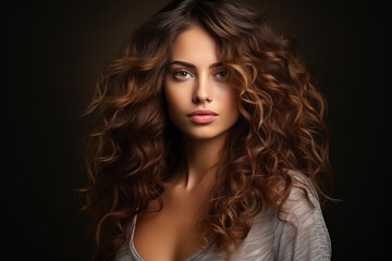 Wall Mural - Young sexy woman with long curly brown hair on dark studio background. Portrait of adult girl model with stylish hairstyle, healthy skin. Concept of beauty, face, style, fashion, ad