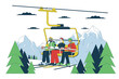 Gondola skiers riding on ski chairlift line cartoon flat illustration. Winter outerwear people on ski lift 2D lineart characters isolated on white background. Wintersport scene vector color image