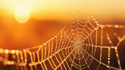 Poster - Close-Up of Morning Dew on a Spiderweb in Golden Hour Background