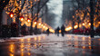 Background blur city evening street with snow and christmas lights 