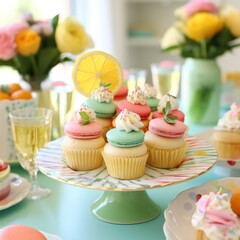 A bright and cheerful spring-themed dessert table filled with cupcakes, macarons,